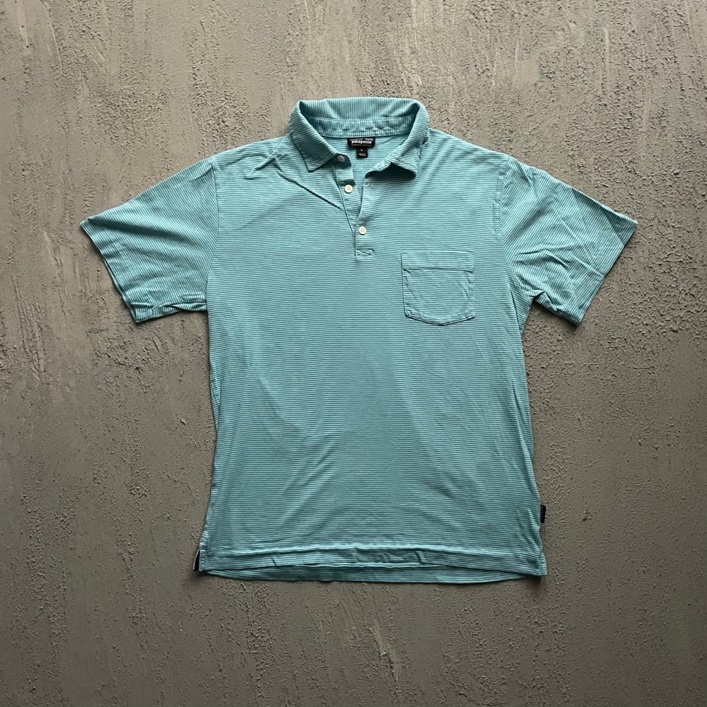 Patagonia Striped Organic Cotton Pocket Polo Shirt Mens Small Blue